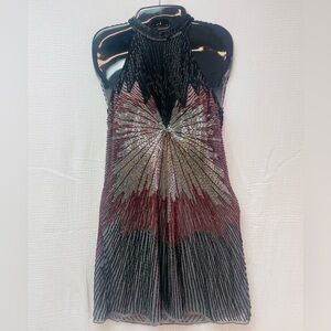 Stunning NWT $440 Parker Black, Red/Silver Beaded Silk Halter Mini Dress, Sz XS!
